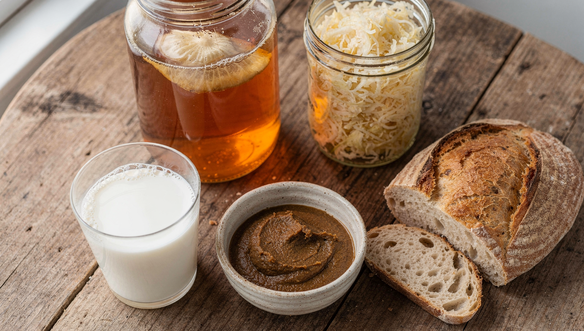 Sammlung fermentierter Lebensmittel - Kombucha, Sauerkraut, Kefir, Miso, Sauerteig