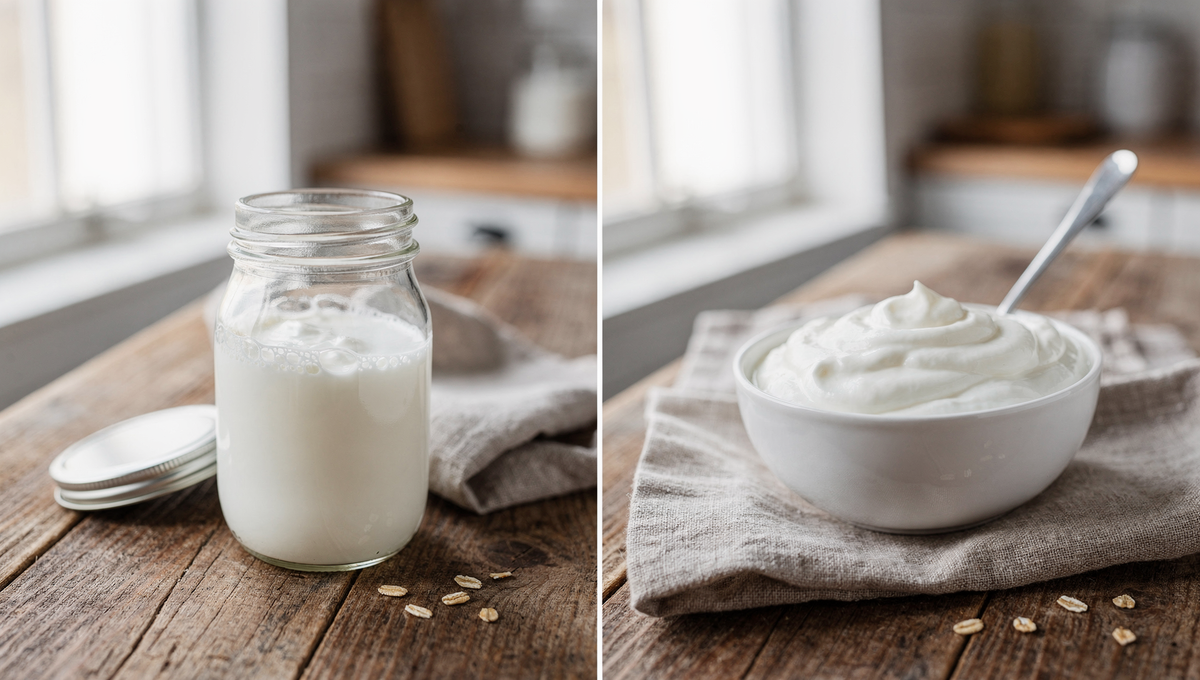 Kefir vs Joghurt Vergleich - Kefir im Glas und Joghurt in Schale nebeneinander