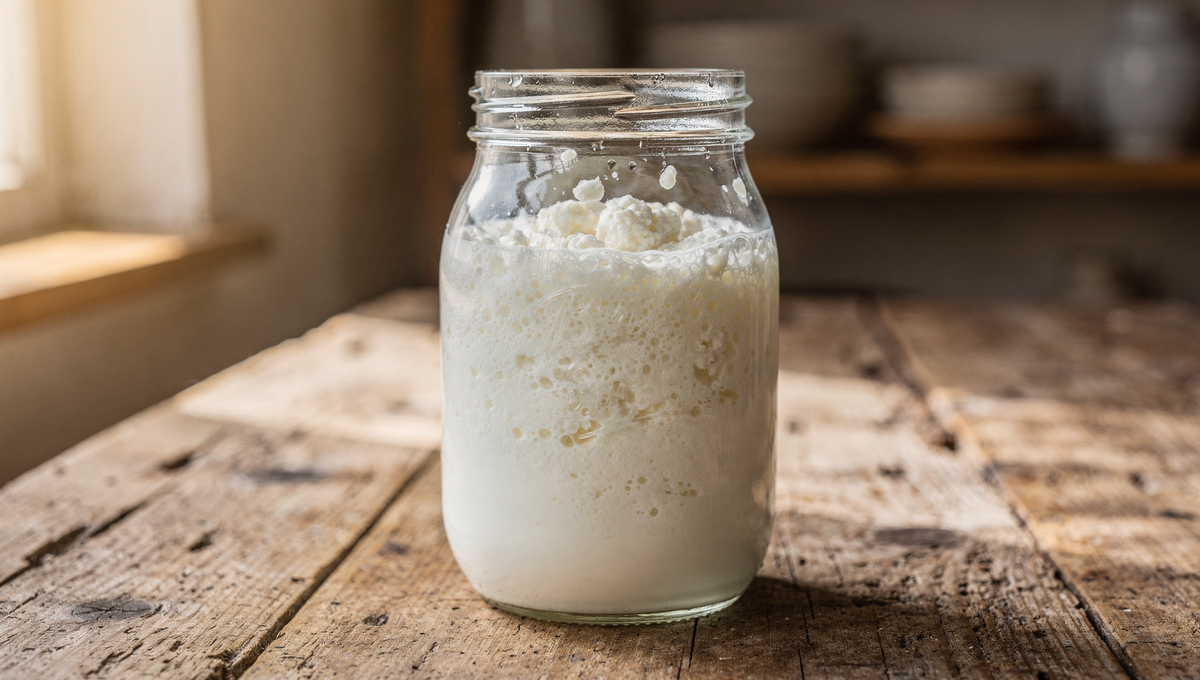 Kefir Wirkung - Frischer Milchkefir im Glas mit Kefirknollen