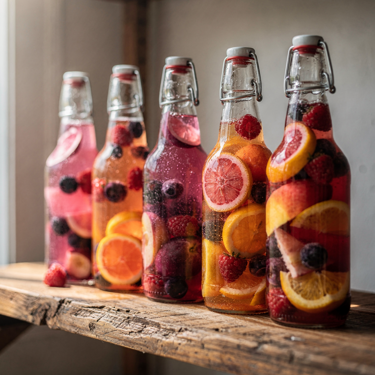 Bunte Kombucha-Flaschen mit verschiedenen Frucht-Aromen für die Zweitfermentation