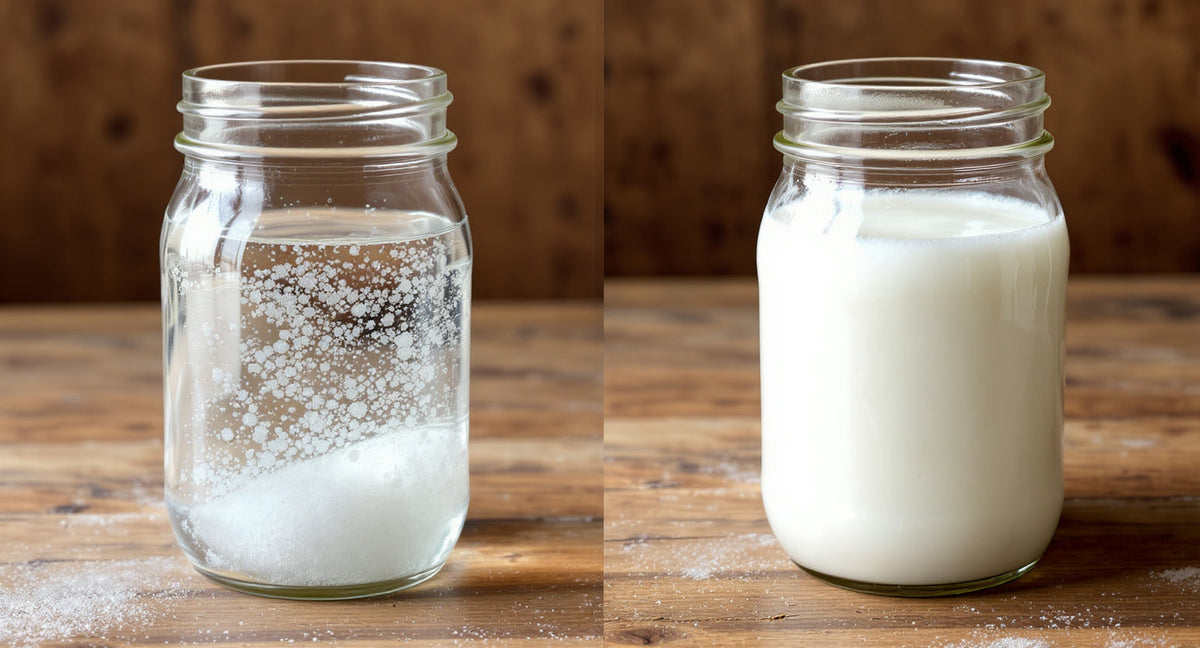 Vergleich Milchkefir und Wasserkefir nebeneinander in Gläsern