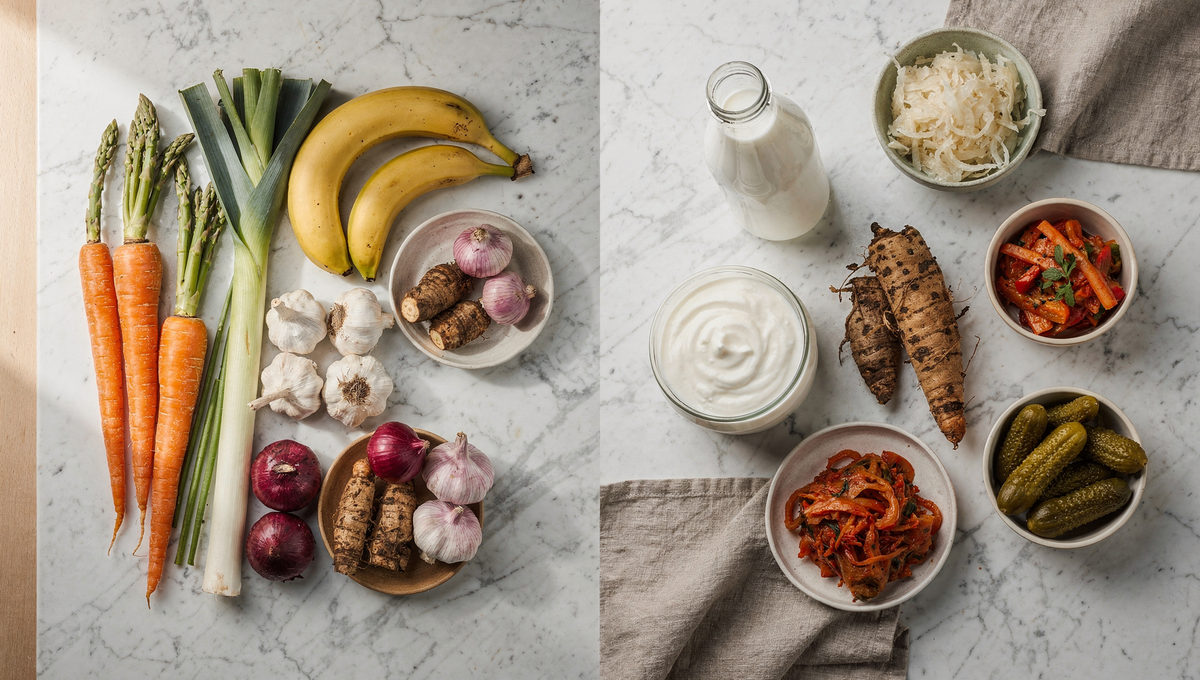 Präbiotika vs Probiotika Vergleich - Gemüse und fermentierte Lebensmittel nebeneinander