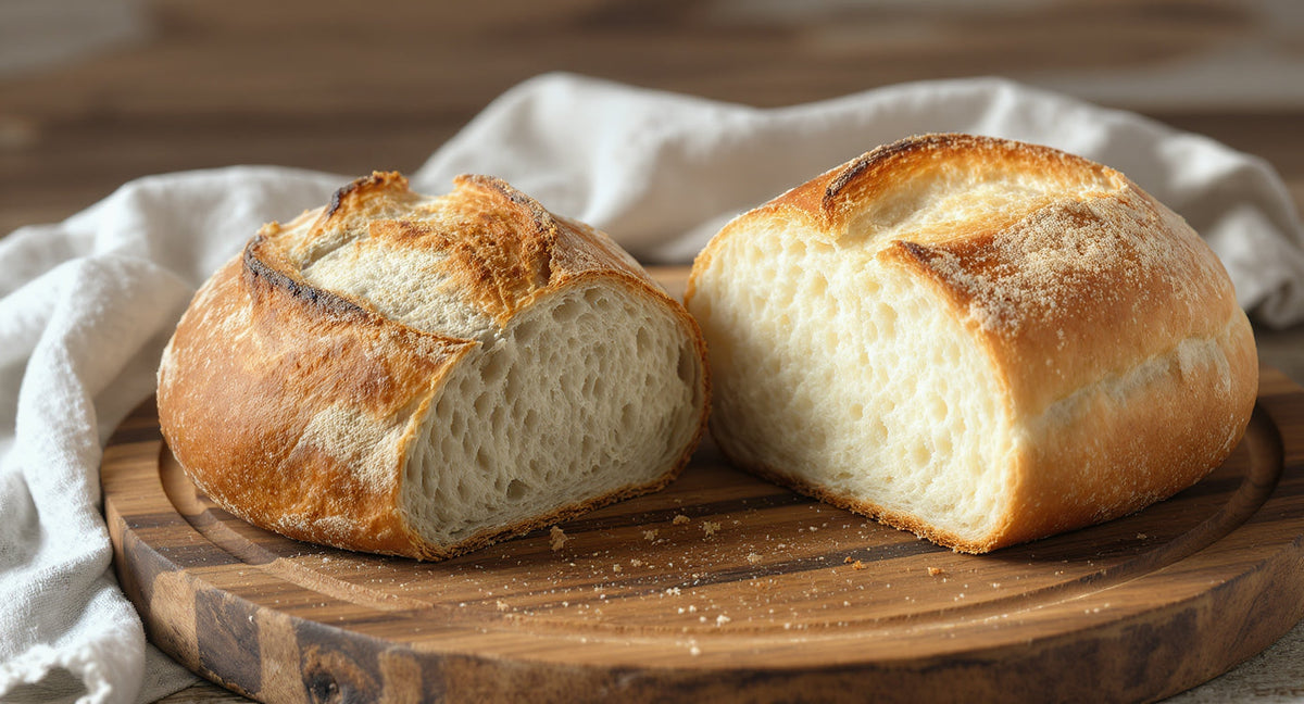 Vergleich Sauerteigbrot und Hefebrot nebeneinander auf Holzbrett