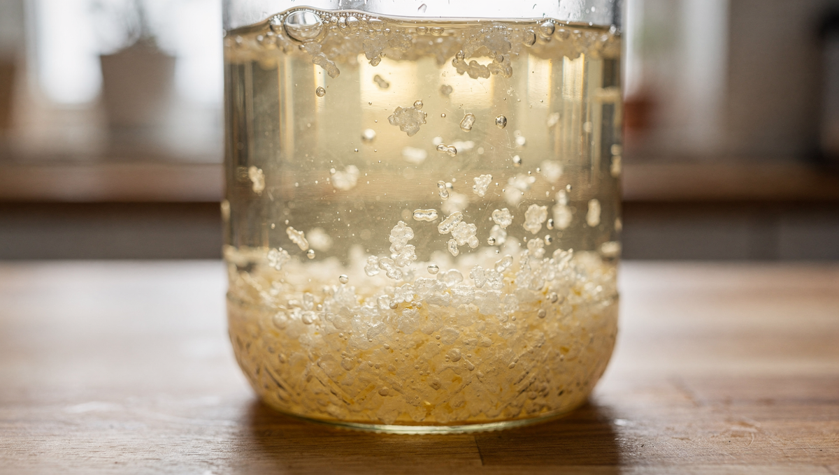 Wasserkefir-Kristalle vermehren sich im Glas - gesunde transluzente Japankristalle in Zuckerwasser