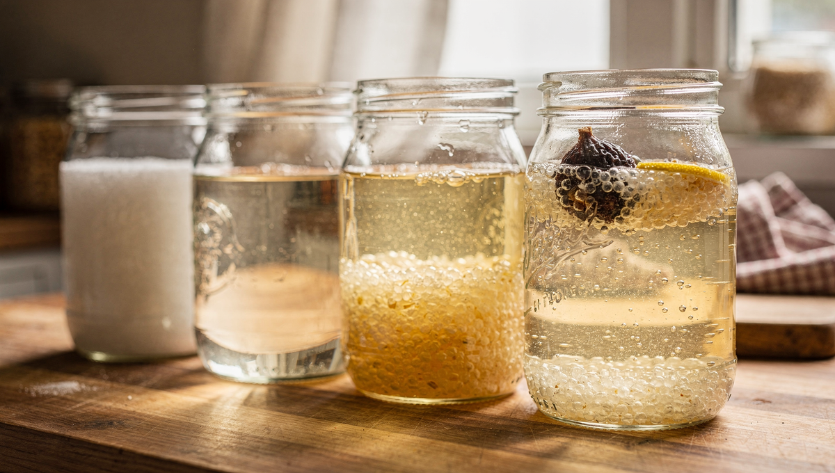 Wasserkefir selber machen - Fermentationsprozess mit Japankristallen im Glas