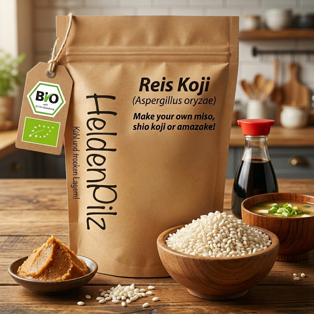 Koji Reis 200g im braunen Doypack mit Bio-Tag, weisser Koji-Reis, Miso und Soja-Sauce