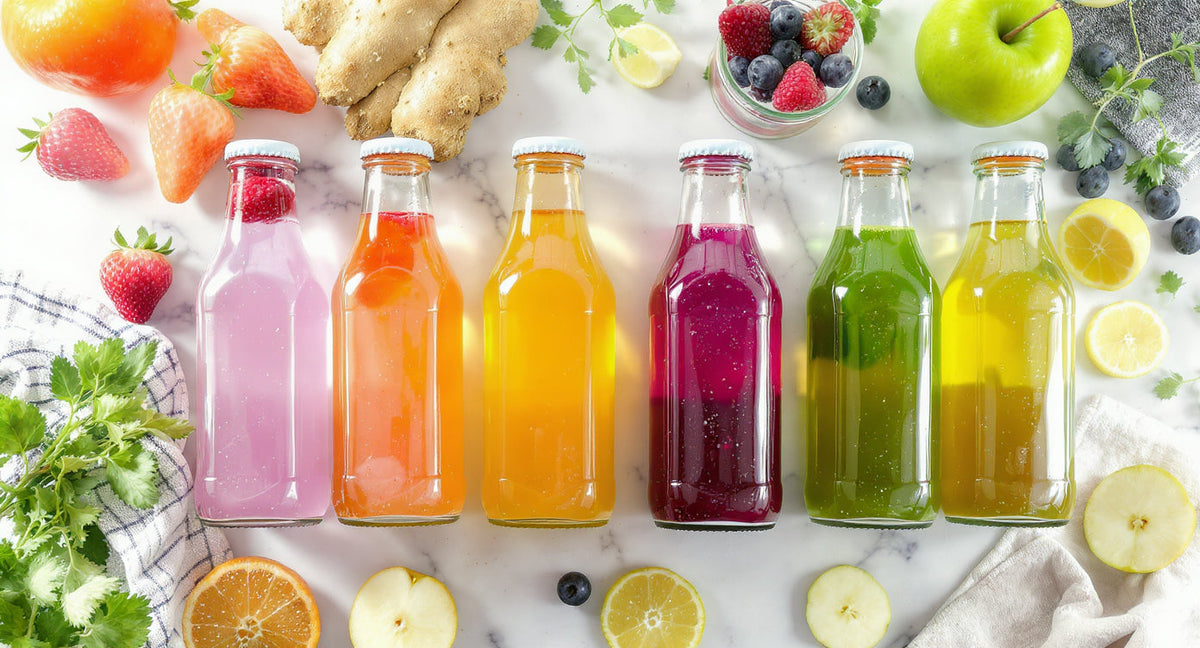 30 bunte Kombucha-Flaschen mit verschiedenen Geschmacksrichtungen