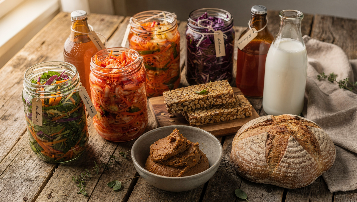 Sammlung fermentierter Lebensmittel auf Holztisch - Sauerkraut, Kimchi, Kombucha, Tempeh, Miso, Kefir