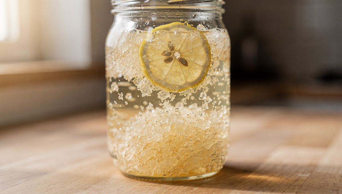 Japankristalle (Wasserkefir-Kristalle) in Glas mit Zuckerwasser und Zitronenscheibe
