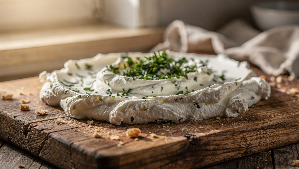 Selbstgemachter Kefir Käse auf rustikalem Holzbrett mit frischen Kräutern
