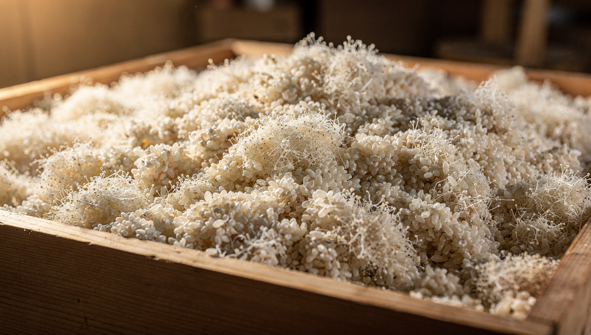 Weißer Koji-Pilz Aspergillus oryzae wächst auf Reiskörnern