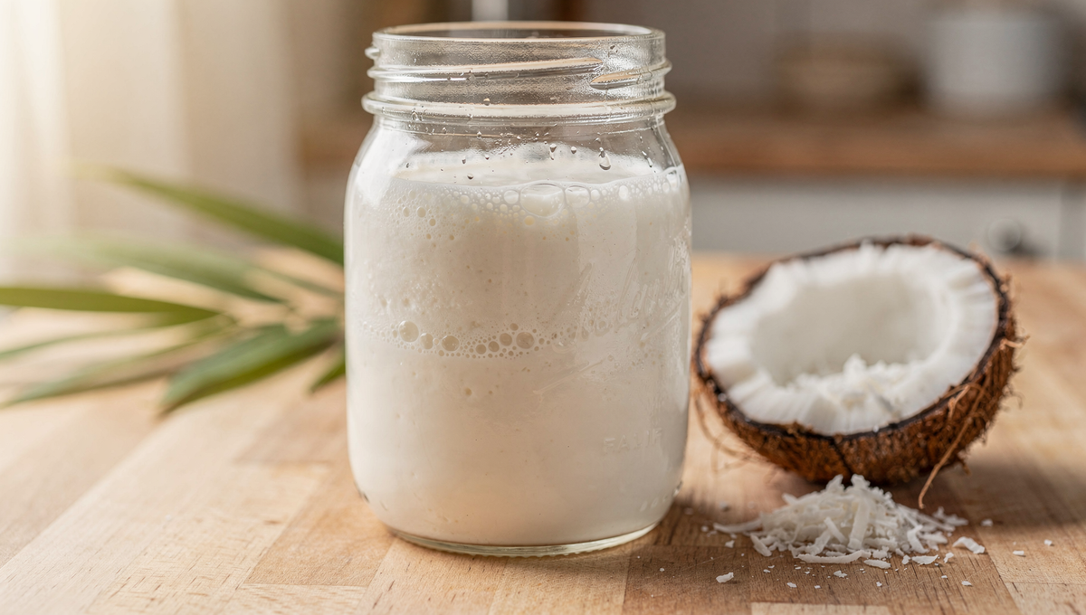Kokosmilch Kefir im Glas - cremiges veganes probiotisches Getränk mit frischer Kokosnuss