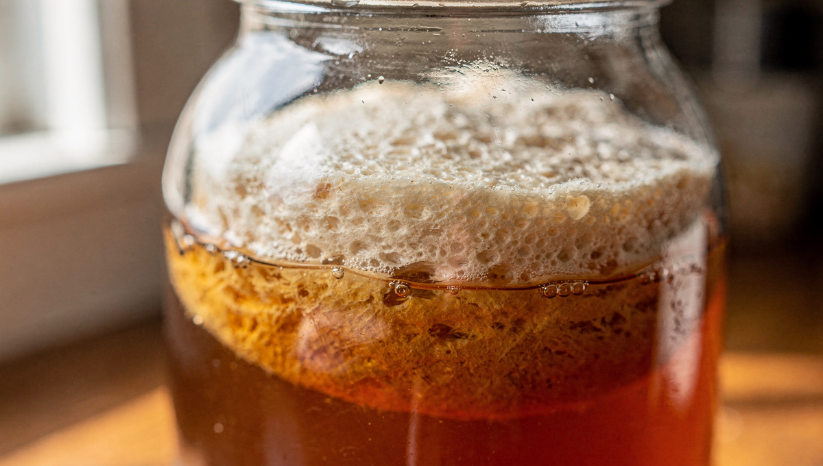 Gesunder Kombucha SCOBY - Weiße Pellicle schwimmt in Fermentationsglas mit braunem Tee