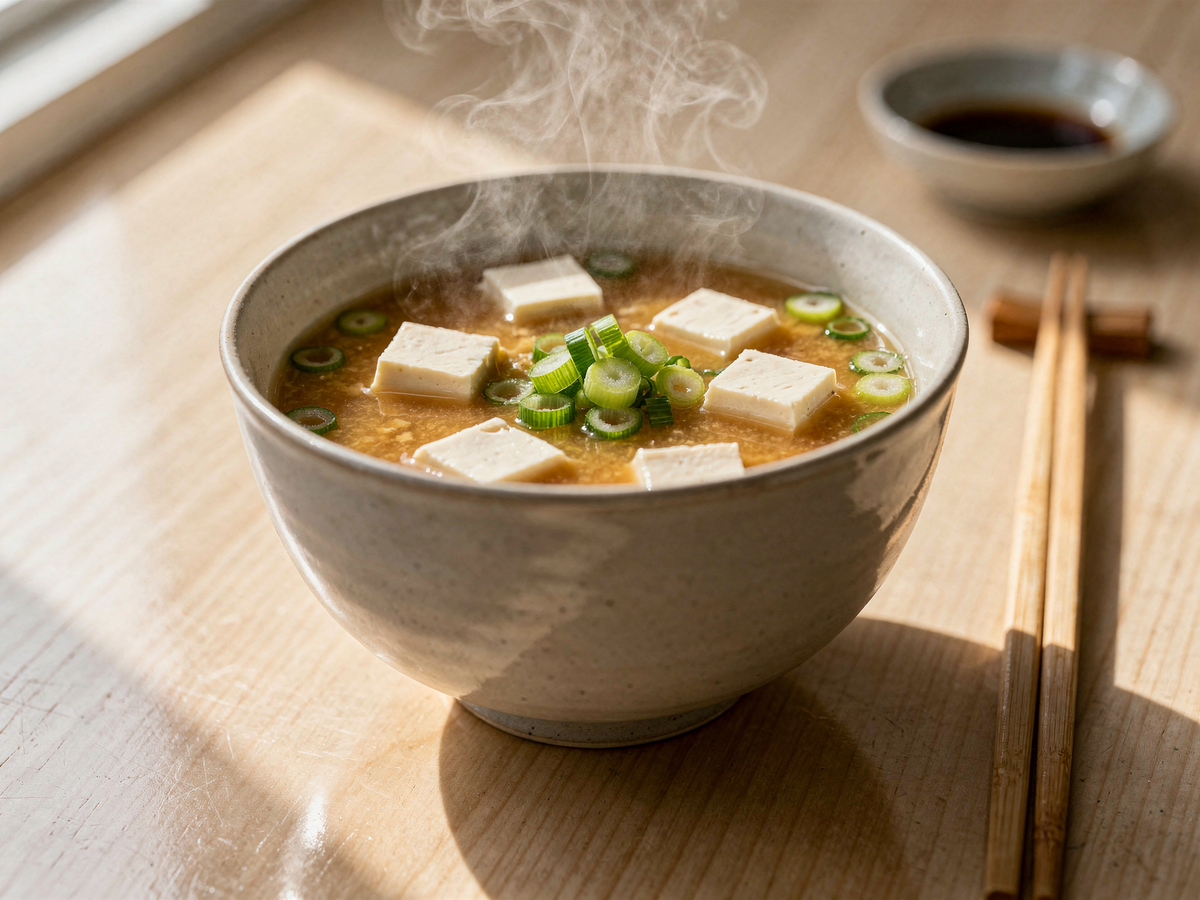 Traditionelle Miso-Suppe in Keramikschale mit Tofu, Wakame und Frühlingszwiebeln