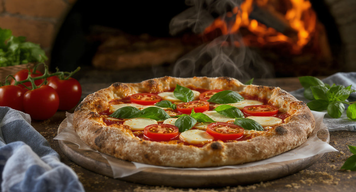 Hausgemachte Sauerteig Pizza mit knuspriger goldener Kruste und frischen Belägen