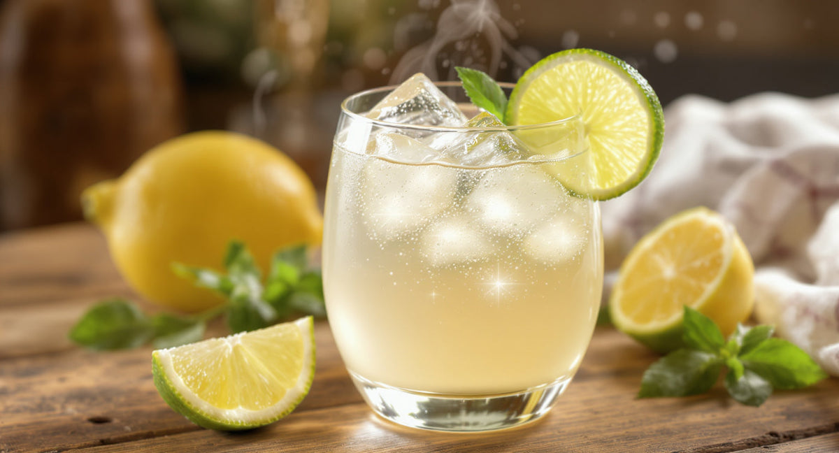 Erfrischender Wasserkefir im Glas mit Zitrusscheiben und Eiswürfeln