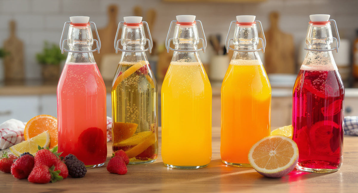 Wasserkefir Zweitfermentation in bunten Bügelflaschen mit Früchten