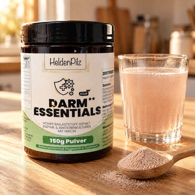 Darm Essentials 150 g Pulver mit einem Glas Wasser und Messlöffel