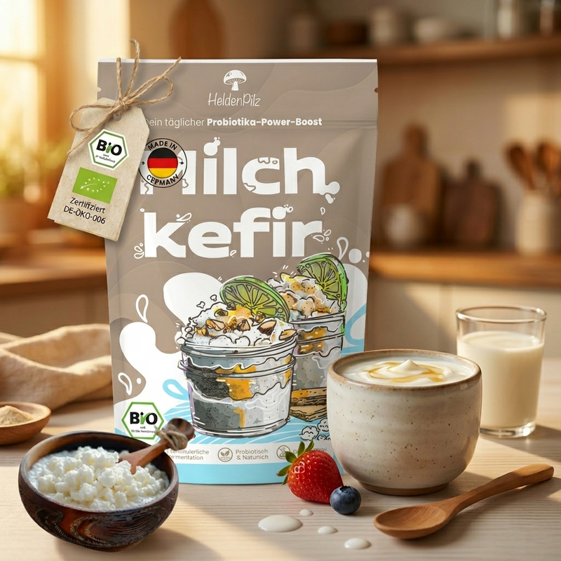 BIO Milchkefir Starterkultur im beigen Doypack mit cremigem Milchkefir, Knollen und Beeren