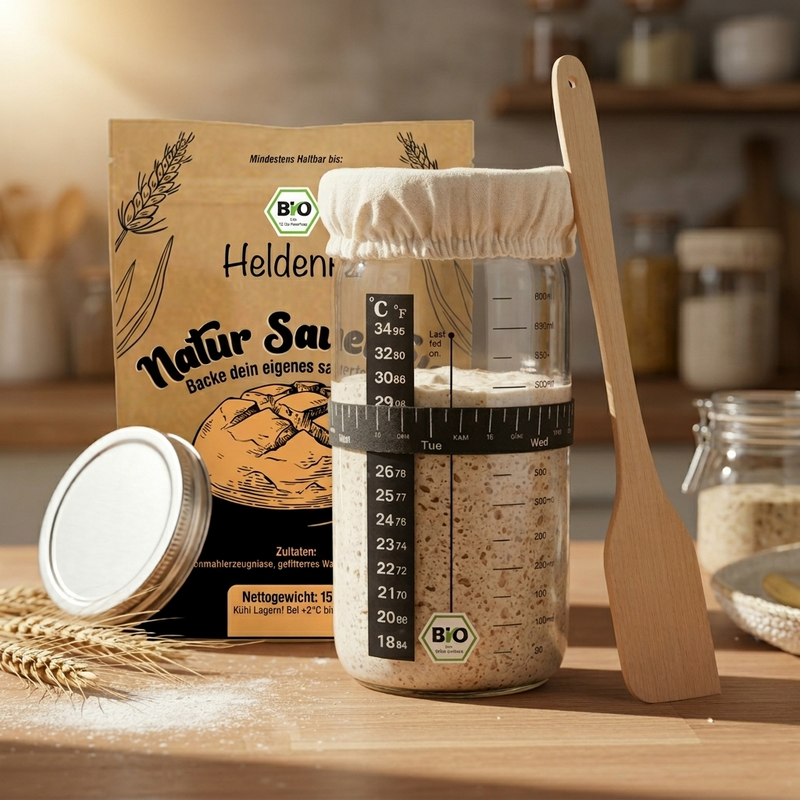 BIO Sauerteig Set mit Gärglas 600ml: Gärglas mit Sauerteig, Natur Sauerteig Doypack, Aluminium-Deckel, Spatel
