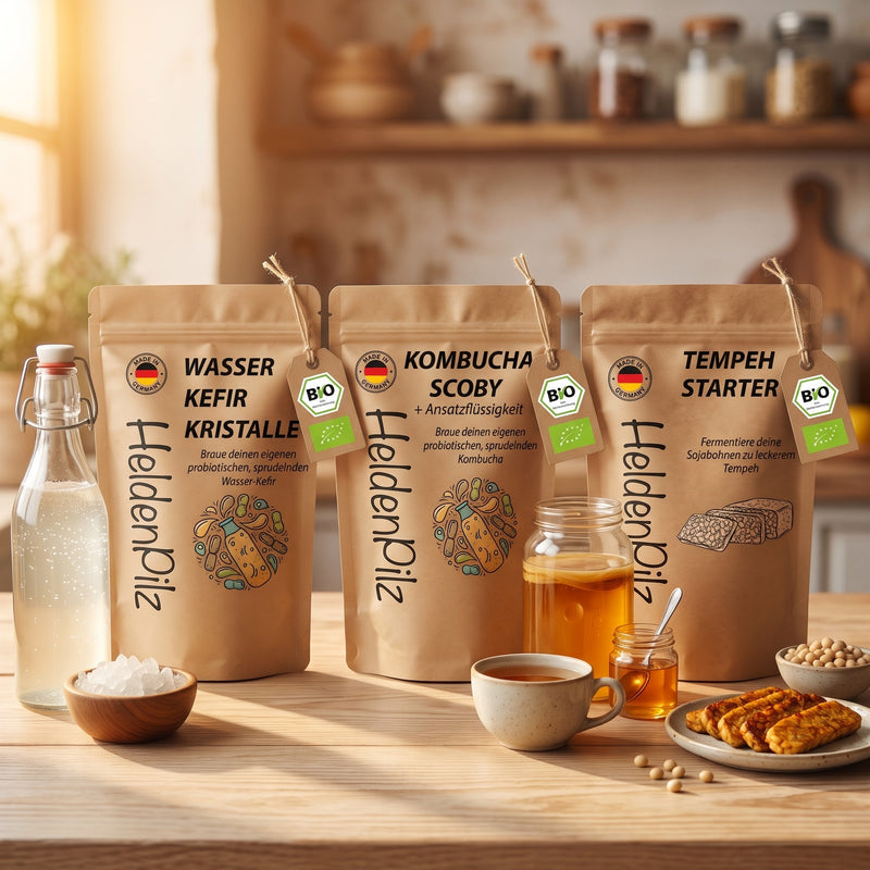 HeldenPilz Vegan-Bundle: BIO Wasserkefir Kristalle, BIO Kombucha Scoby und BIO Tempeh Starter in der Küche