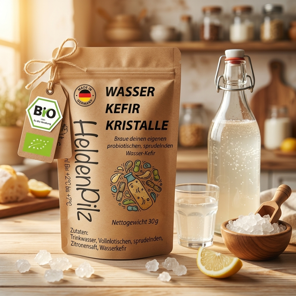 BIO Wasserkefir Kristalle 30g im braunen Doypack mit Bügelglas, Glas und echten Kristallen